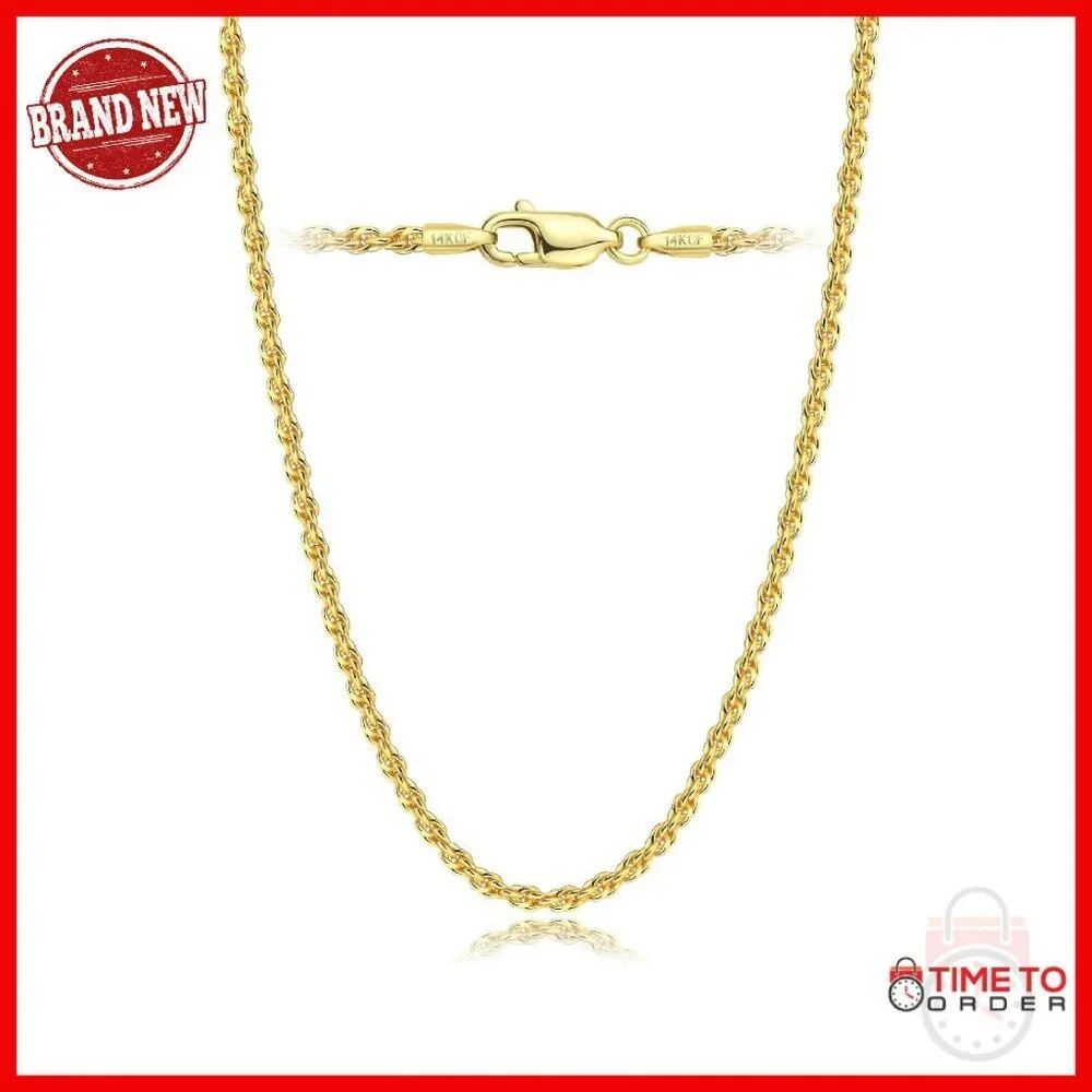 14K Gold Rope Chain Necklace 2mm Unisex 16-26 Inch Non-Tarnish